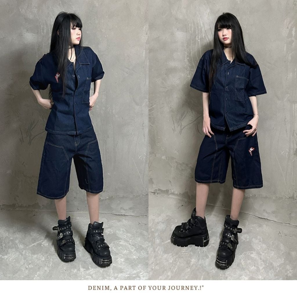 Bộ Short Jeans Venom DENIM & MY LIFE form Boxy Logo Thêu XANH NHẠT (SDN04)