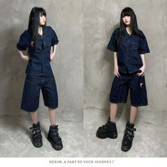 Bộ Short Jeans Venom DENIM & MY LIFE form Boxy Logo Thêu XANH NHẠT (SDN04)