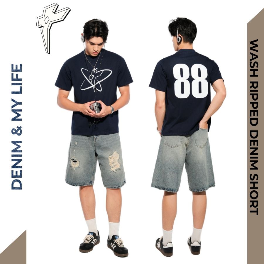 Quần bò đùi WASH RIPPED DENIM SHORT 100% cotton dày dặn, quần jean unisex ngang gối phong cách