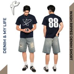 Quần bò đùi WASH RIPPED DENIM SHORT 100% cotton dày dặn, quần jean unisex ngang gối phong cách