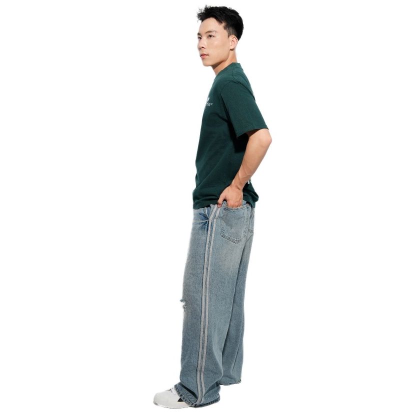 Quần jean unisex dáng suông ống rộng phong cách streetwear STRIPED DÀI dày dặn