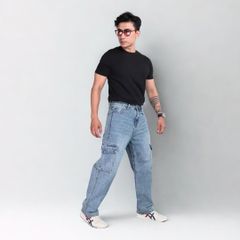 Quần jeans CARGO PANT UNISEX BLUE, ống suông thiết kế túi hộp túi lớn (QJ15)