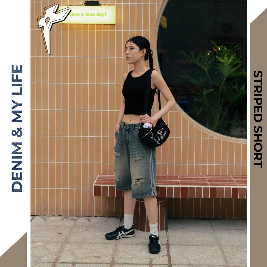 Quần short jeans STRIPED SHORT cao cấp, quần đùi bò thiết kế trẻ trung năng động