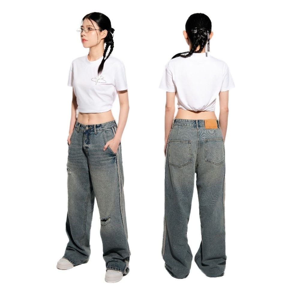 Quần jean unisex dáng suông ống rộng phong cách streetwear STRIPED DÀI dày dặn