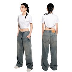 Quần jean unisex dáng suông ống rộng phong cách streetwear STRIPED DÀI dày dặn