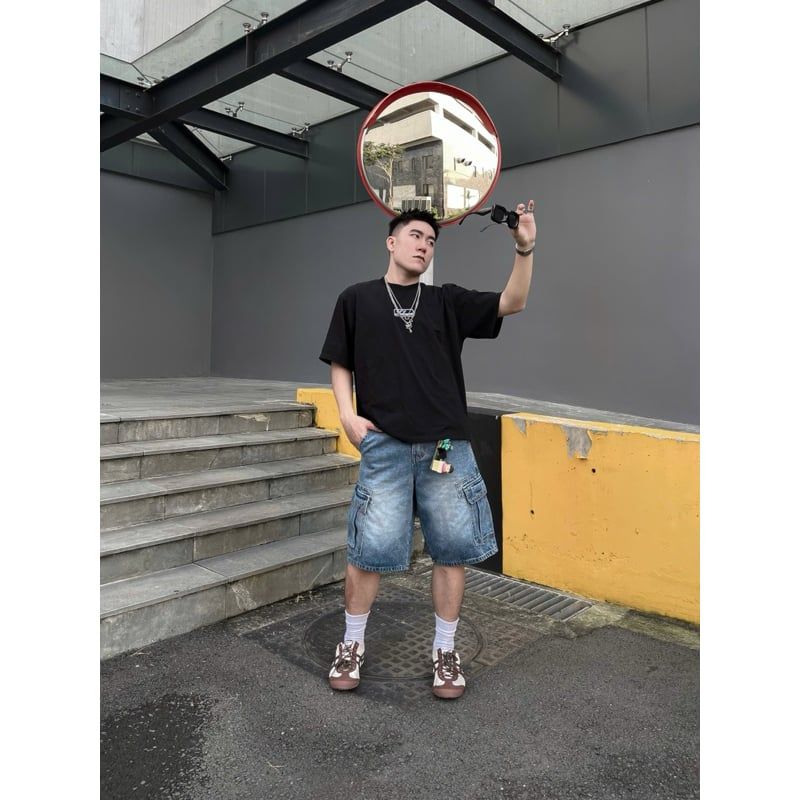 Quần short jean BOX BAG SHORT thiết kế túi hộp lớn phong cách, quần bò đùi unisex cá tính