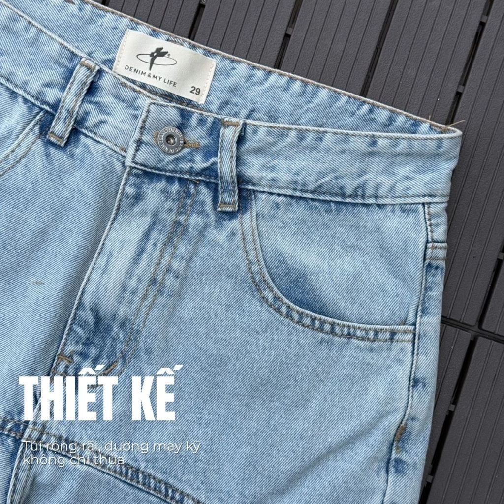 Quần jean nam phối viền DENIM & MY LIFE túi nắp ống suông streetwear, Straight Jean