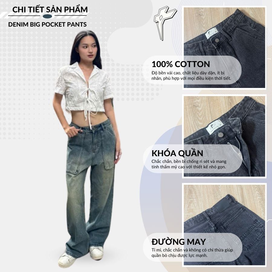 Quần jean suông unisex DENIM BIG POCKET PANTS 2 màu xanh đen 100% cotton dày dặn