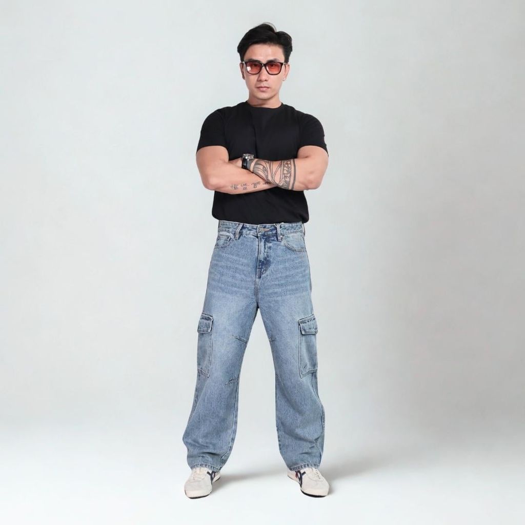 Quần jeans CARGO PANT UNISEX BLUE, ống suông thiết kế túi hộp túi lớn (QJ15)