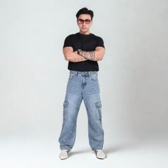 Quần jeans CARGO PANT UNISEX BLUE, ống suông thiết kế túi hộp túi lớn (QJ15)