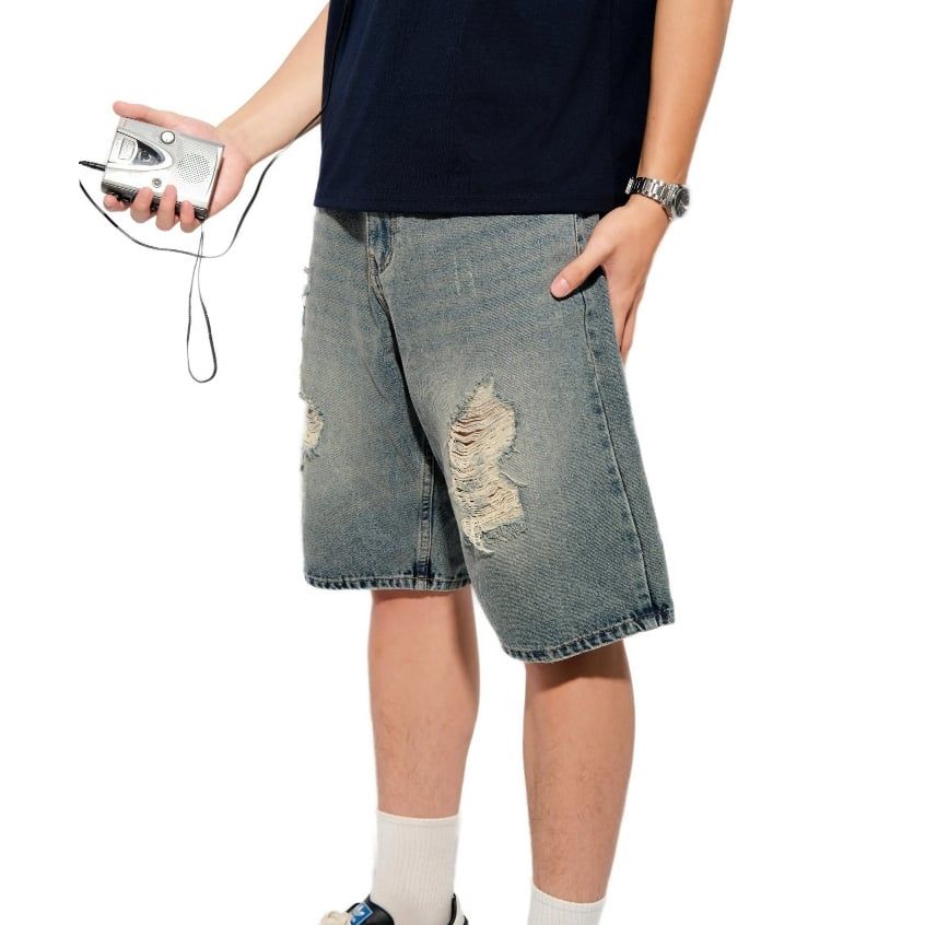 Quần bò đùi WASH RIPPED DENIM SHORT 100% cotton dày dặn, quần jean unisex ngang gối phong cách
