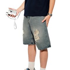 Quần bò đùi WASH RIPPED DENIM SHORT 100% cotton dày dặn, quần jean unisex ngang gối phong cách