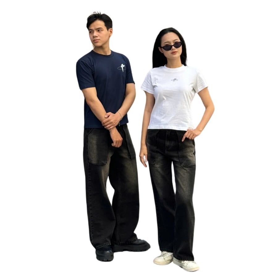 Quần jean suông unisex DENIM BIG POCKET PANTS 2 màu xanh đen 100% cotton dày dặn