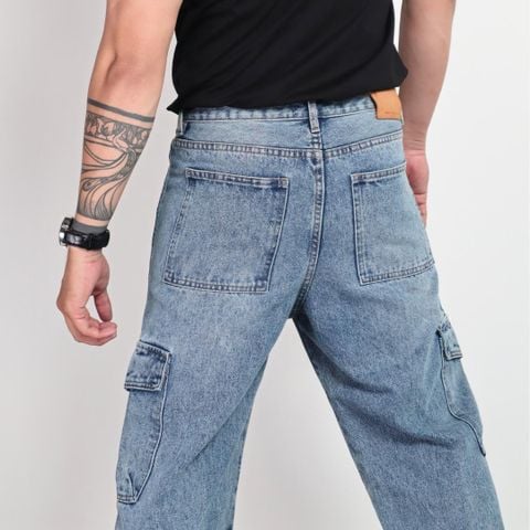 Quần jeans CARGO PANT UNISEX BLUE, ống suông thiết kế túi hộp túi lớn (QJ15)