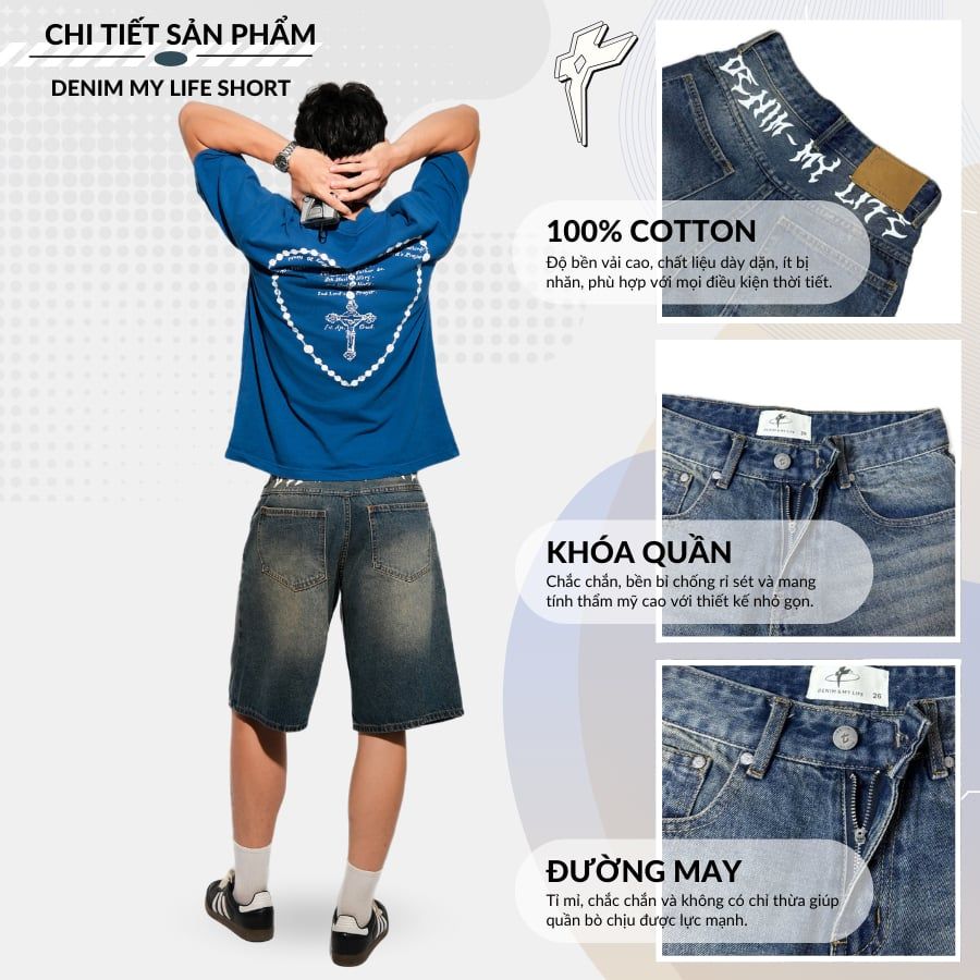 Quần đùi bò mài nam in DENIM MY LIFE SHORT, quần jean nam ngang gối dày dặn, đường may kĩ