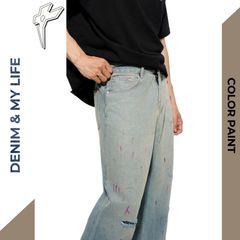 Quần bò nam dáng đứng ống rộng streetwear PAINT DENIM & MY LIFE, quần jean vẩy sơn rách gối