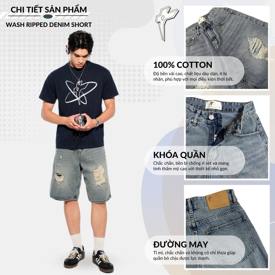 Quần bò đùi WASH RIPPED DENIM SHORT 100% cotton dày dặn, quần jean unisex ngang gối phong cách