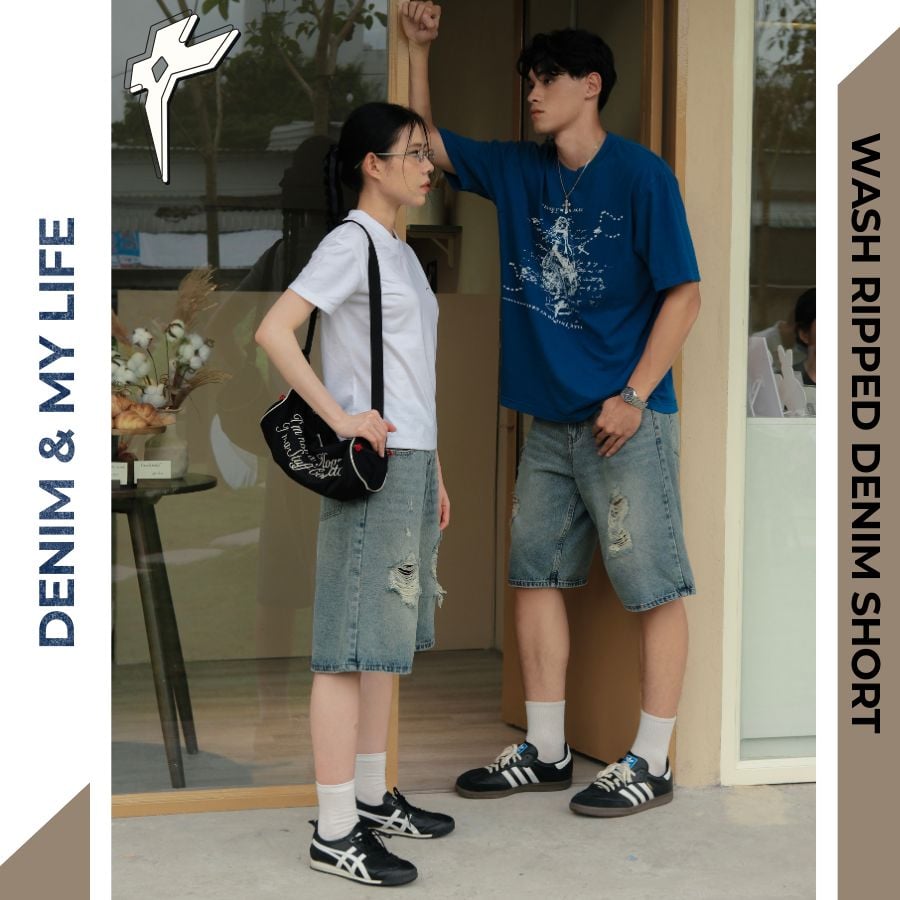 Quần bò đùi WASH RIPPED DENIM SHORT 100% cotton dày dặn, quần jean unisex ngang gối phong cách