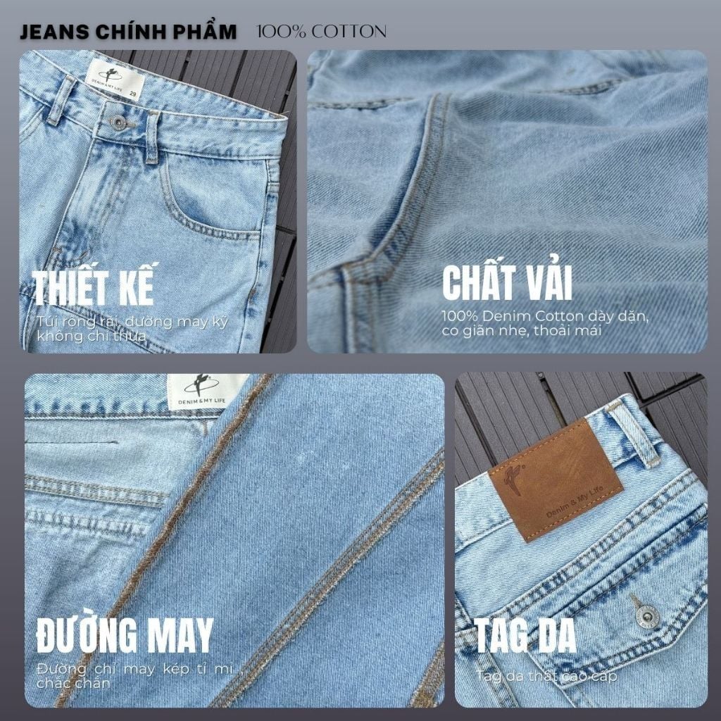 Quần jean nam phối viền DENIM & MY LIFE túi nắp ống suông streetwear, Straight Jean