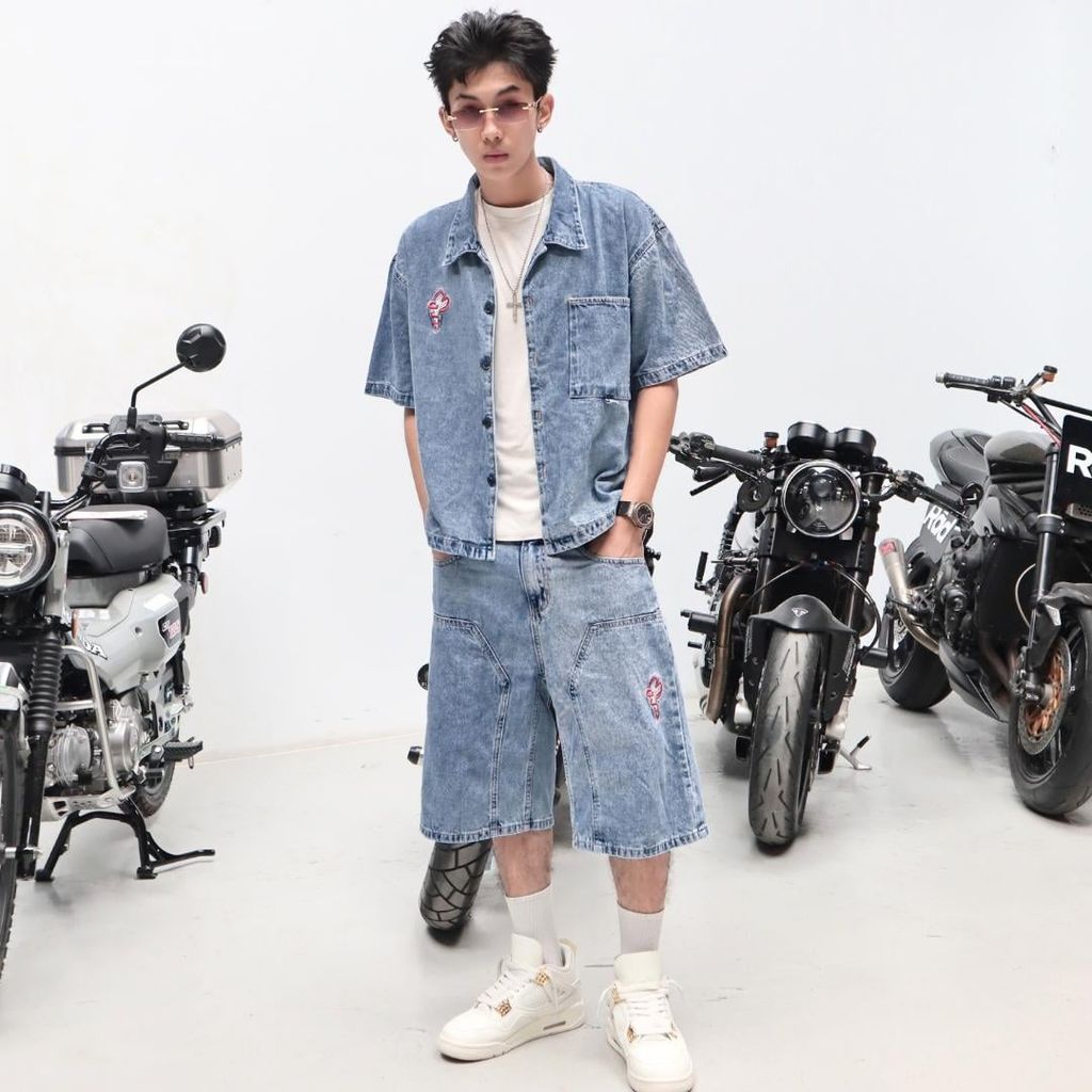DML x DMH [Deal Độc Quyền]Bộ Short Jeans Denim Cao Cấp Venom Denim Quần Short Baggy Và Áo Form Boxy Denim Thêu - Trẻ Trung năng Động Cá Tính (SDN04)