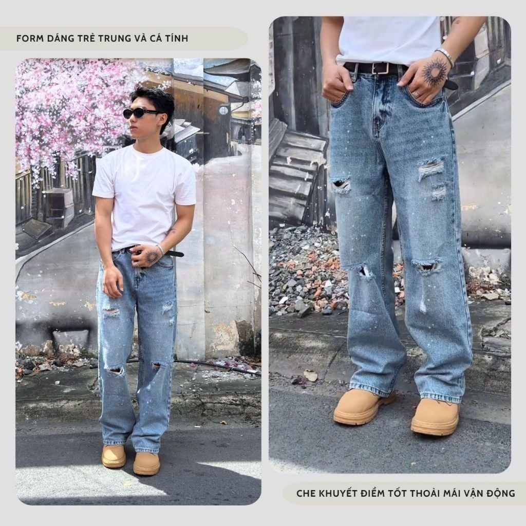 Quần Jeans Rách Gối DENIM & MY LIFE Dust Fade Wash Bụi Streetwear