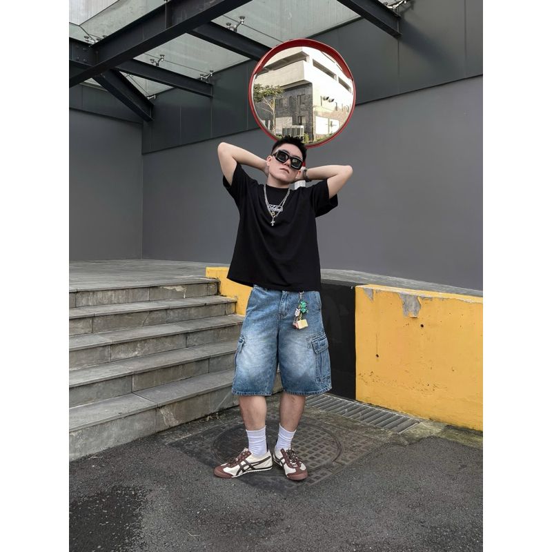 Quần short jean BOX BAG SHORT thiết kế túi hộp lớn phong cách, quần bò đùi unisex cá tính