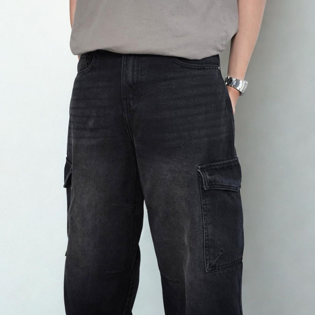 Quần jeans CARGO PANT UNISEX BLUE, ống suông thiết kế túi hộp túi lớn (QJ15)