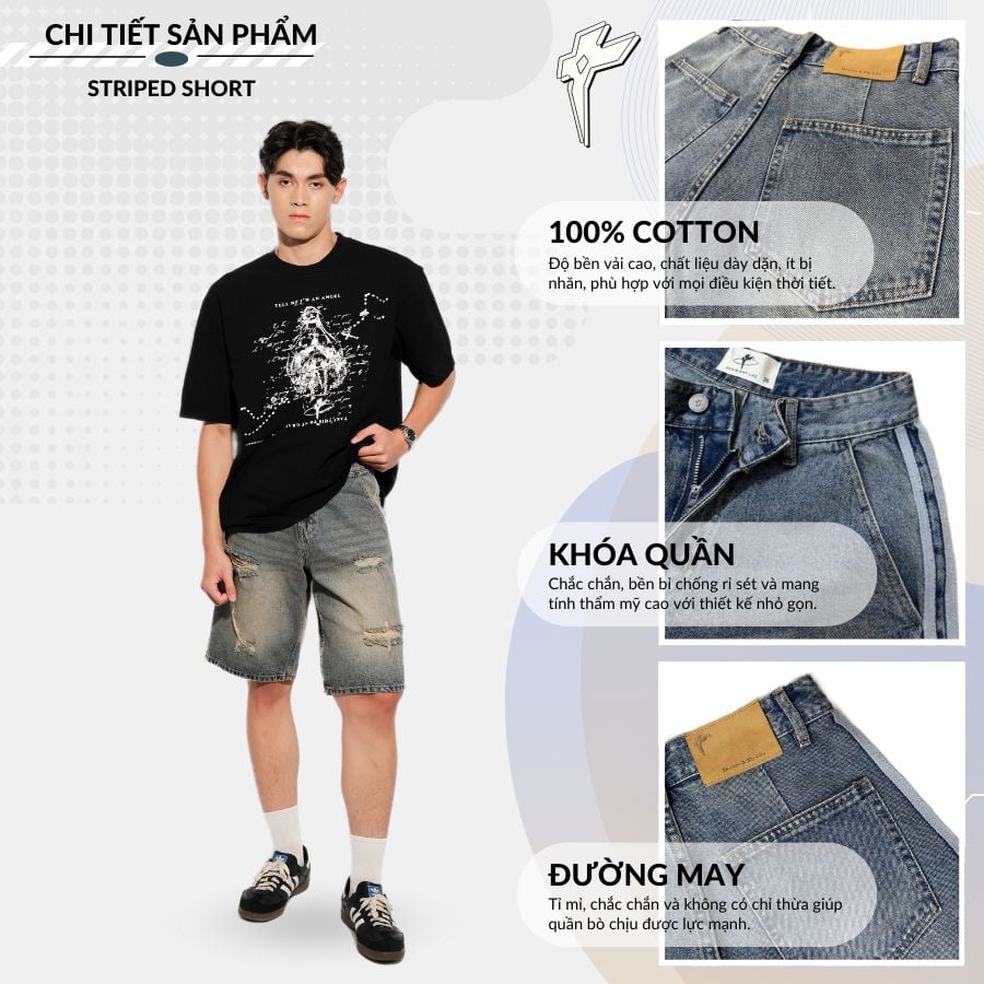 Quần short jeans STRIPED SHORT cao cấp, quần đùi bò thiết kế trẻ trung năng động