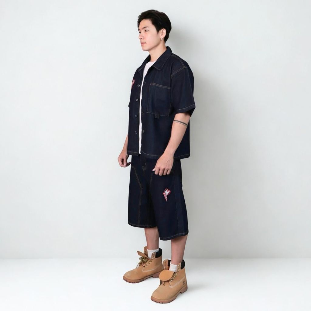 DML x DMH [Deal Độc Quyền]Bộ Short Jeans Denim Cao Cấp Venom Denim Quần Short Baggy Và Áo Form Boxy Denim Thêu - Trẻ Trung năng Động Cá Tính (SDN04)