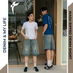 Quần bò đùi WASH RIPPED DENIM SHORT 100% cotton dày dặn, quần jean unisex ngang gối phong cách
