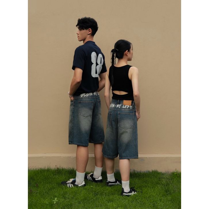 Quần đùi bò mài nam in DENIM MY LIFE SHORT, quần jean nam ngang gối dày dặn, đường may kĩ