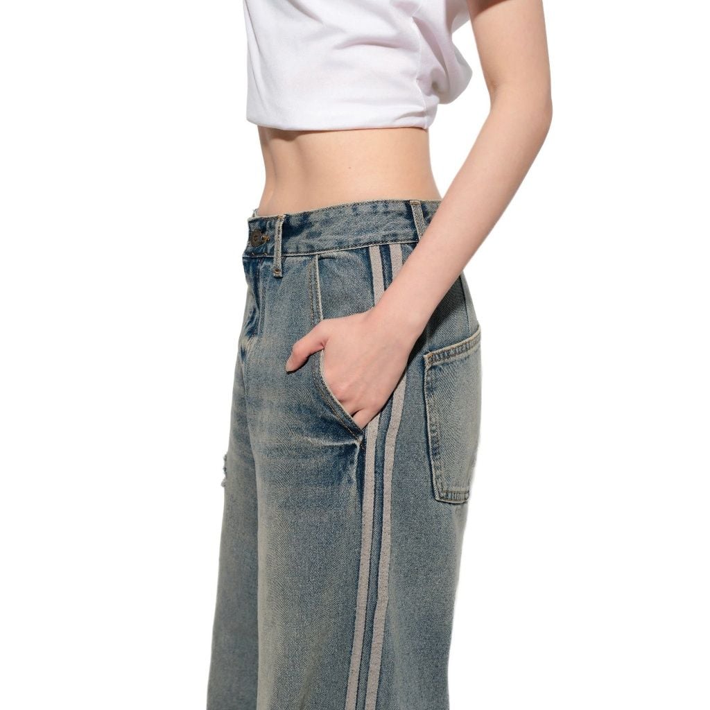 Quần jean unisex dáng suông ống rộng phong cách streetwear STRIPED DÀI dày dặn