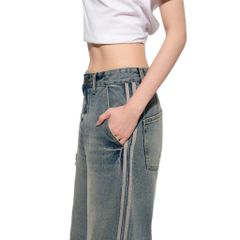 Quần jean unisex dáng suông ống rộng phong cách streetwear STRIPED DÀI dày dặn