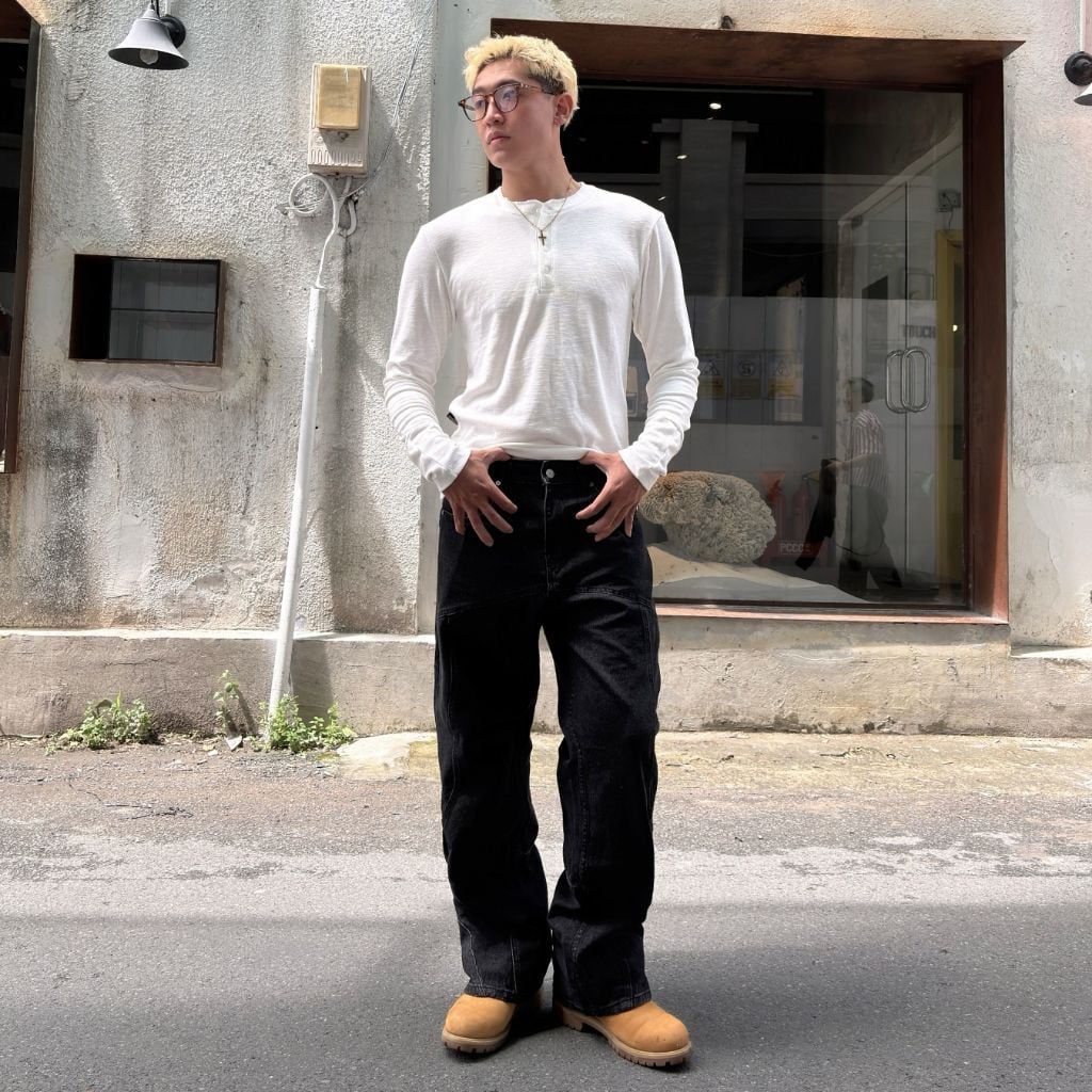 Quần jean nam phối viền DENIM & MY LIFE túi nắp ống suông streetwear, Straight Jean