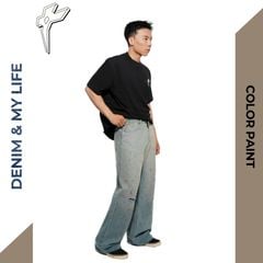 Quần bò nam dáng đứng ống rộng streetwear PAINT DENIM & MY LIFE, quần jean vẩy sơn rách gối