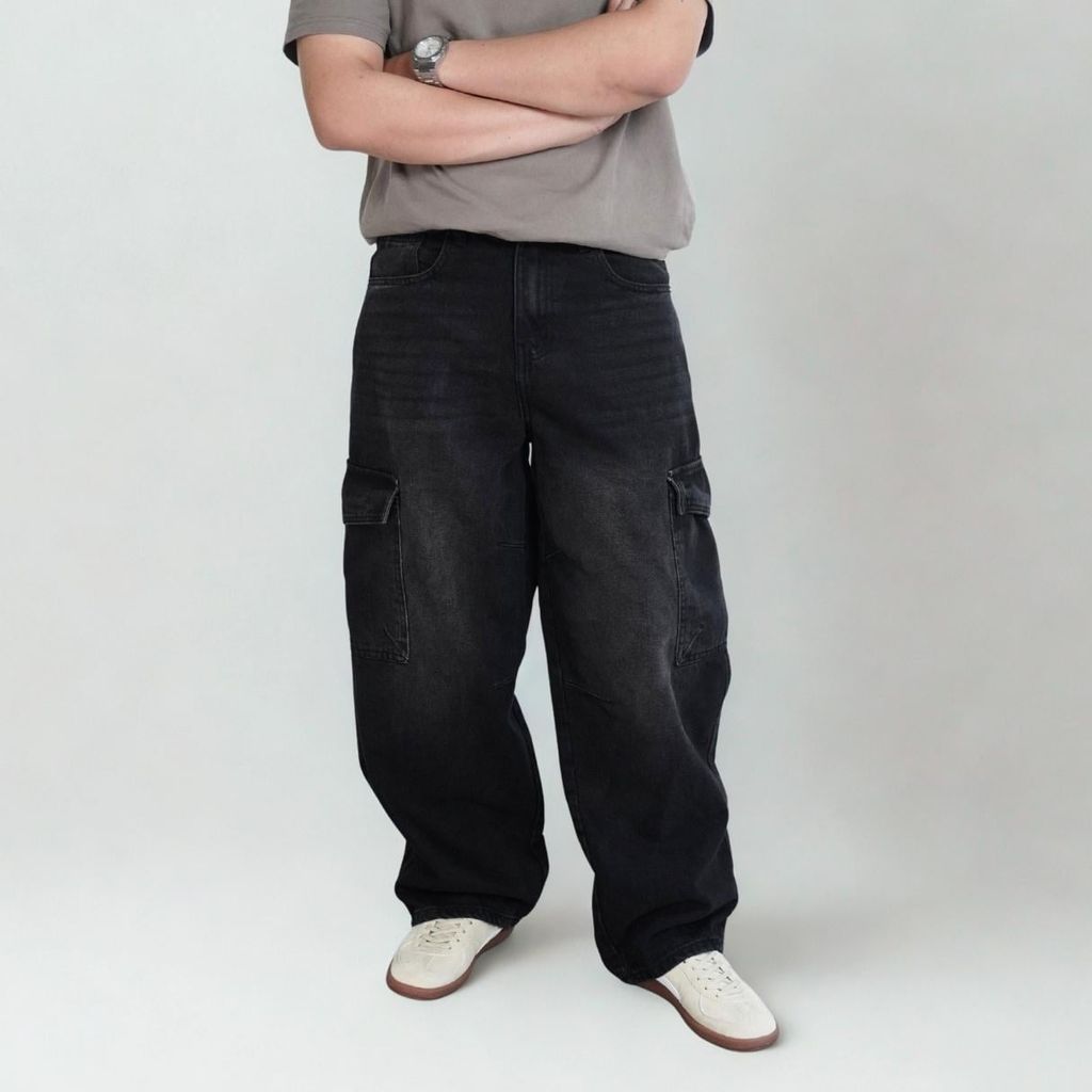 Quần jeans CARGO PANT UNISEX BLUE, ống suông thiết kế túi hộp túi lớn (QJ15)