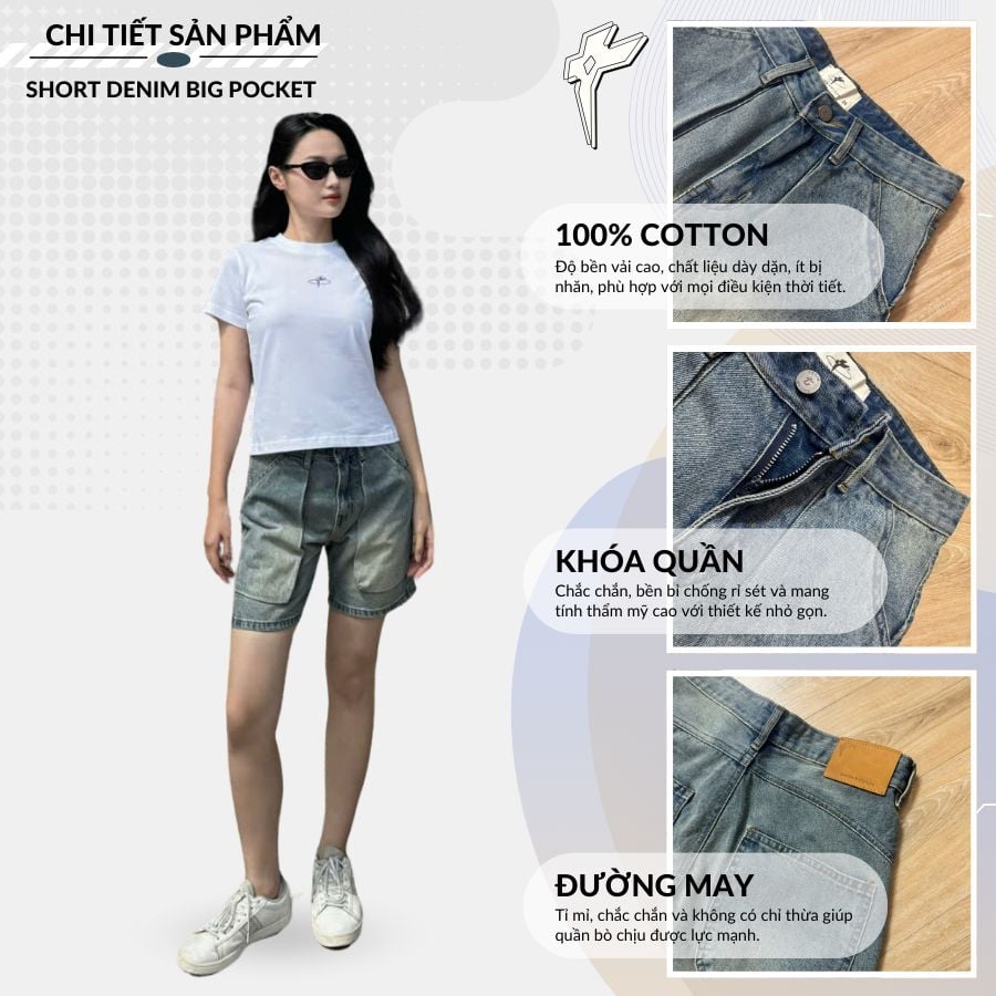 Quần jean SHORT DENIM BIG POCKET unisex thiết kế độc quyền dáng ngắn trên gối