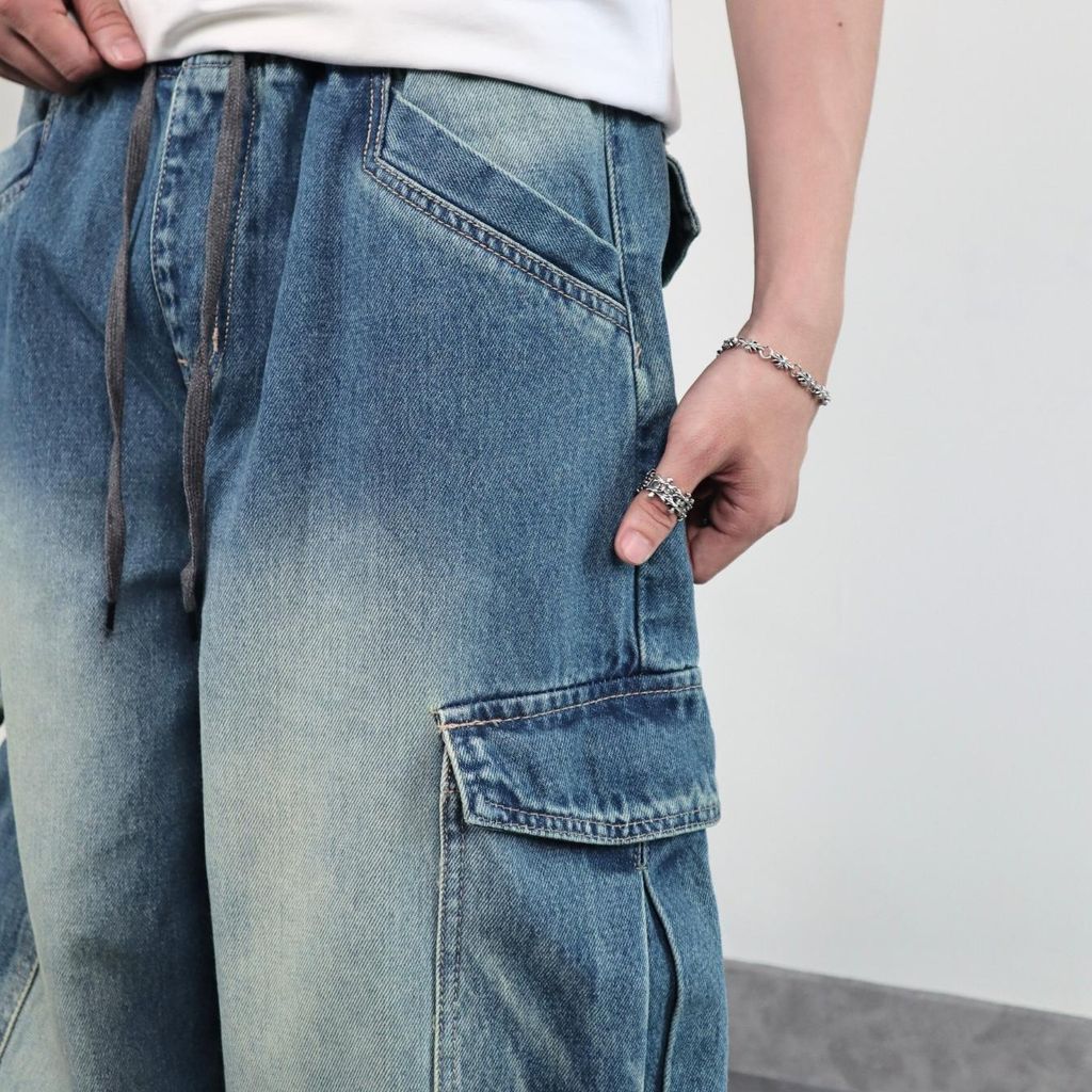 Quần jeans CARGO PANT UNISEX lưng thun, ống suông thiết kế túi hộp túi lớn (QJ14)