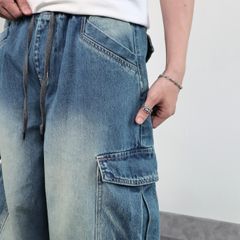 Quần jeans CARGO PANT UNISEX lưng thun, ống suông thiết kế túi hộp túi lớn (QJ14)