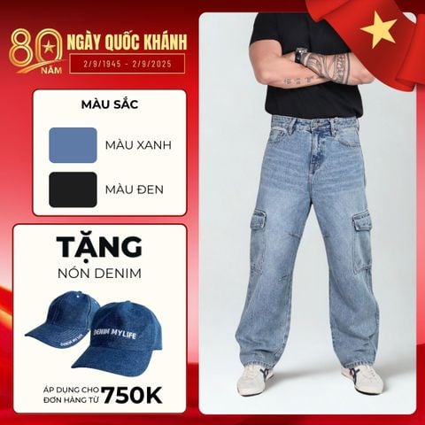 Quần jeans CARGO PANT UNISEX BLUE, ống suông thiết kế túi hộp túi lớn (QJ15)
