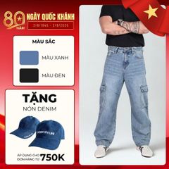 Quần jeans CARGO PANT UNISEX BLUE, ống suông thiết kế túi hộp túi lớn (QJ15)