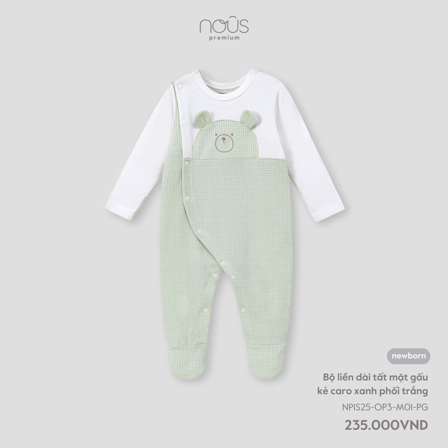  Bộ liền dài Nous tất mặt gấu kẻ caro xanh phối trắng NB 