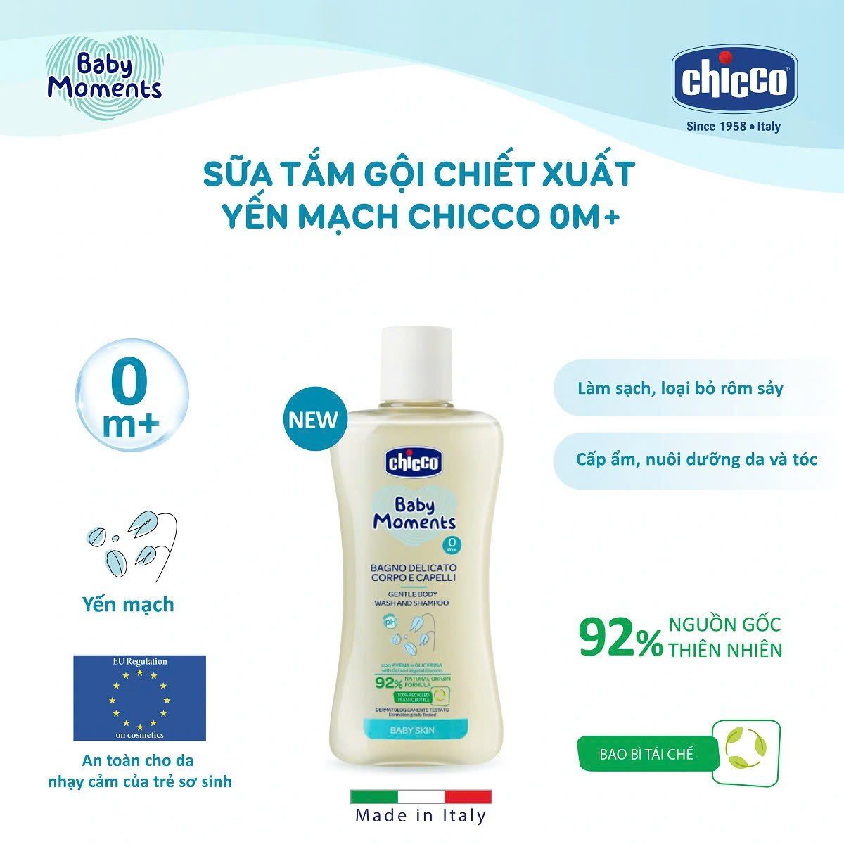  Sữa tắm gội chiết xuất Yến mạch Chicco 0M+ 200ml 