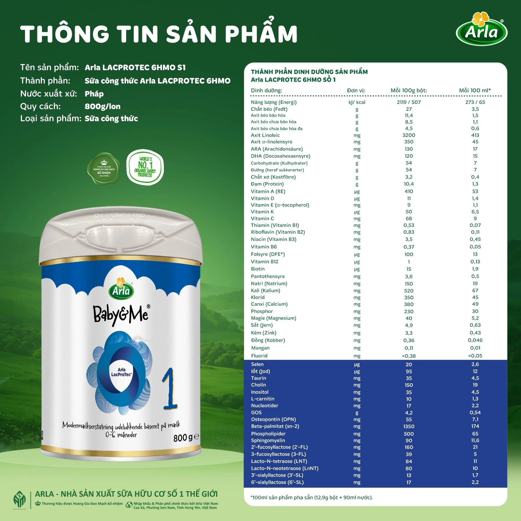  Sữa Arla Baby&Me HMO Số 1 (800g) 