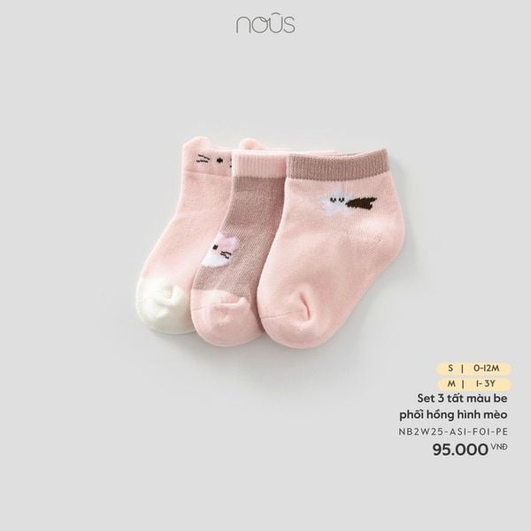  Set 3 đôi tất Nous màu be phối hồng hình mèo 