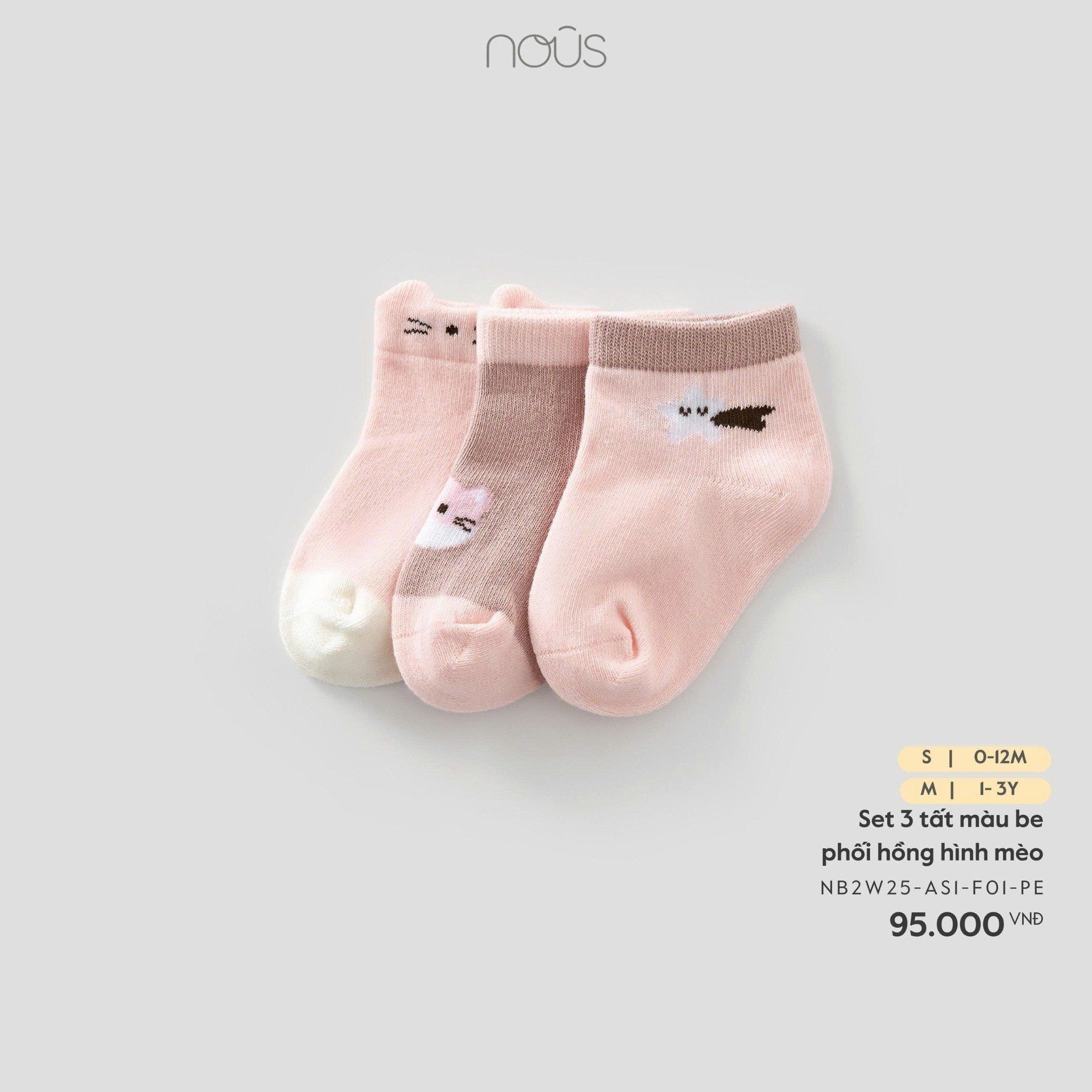  Set 3 đôi tất Nous màu be phối hồng hình mèo 