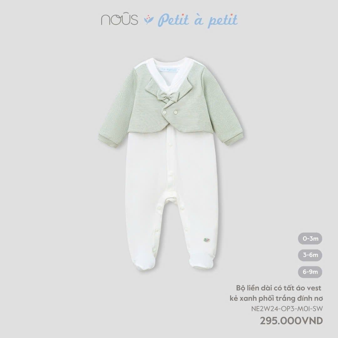  Bộ Liền Dài Có Tất Áo Vest Nous Màu Xanh Kẻ Phối Trắng Đính Nơ 