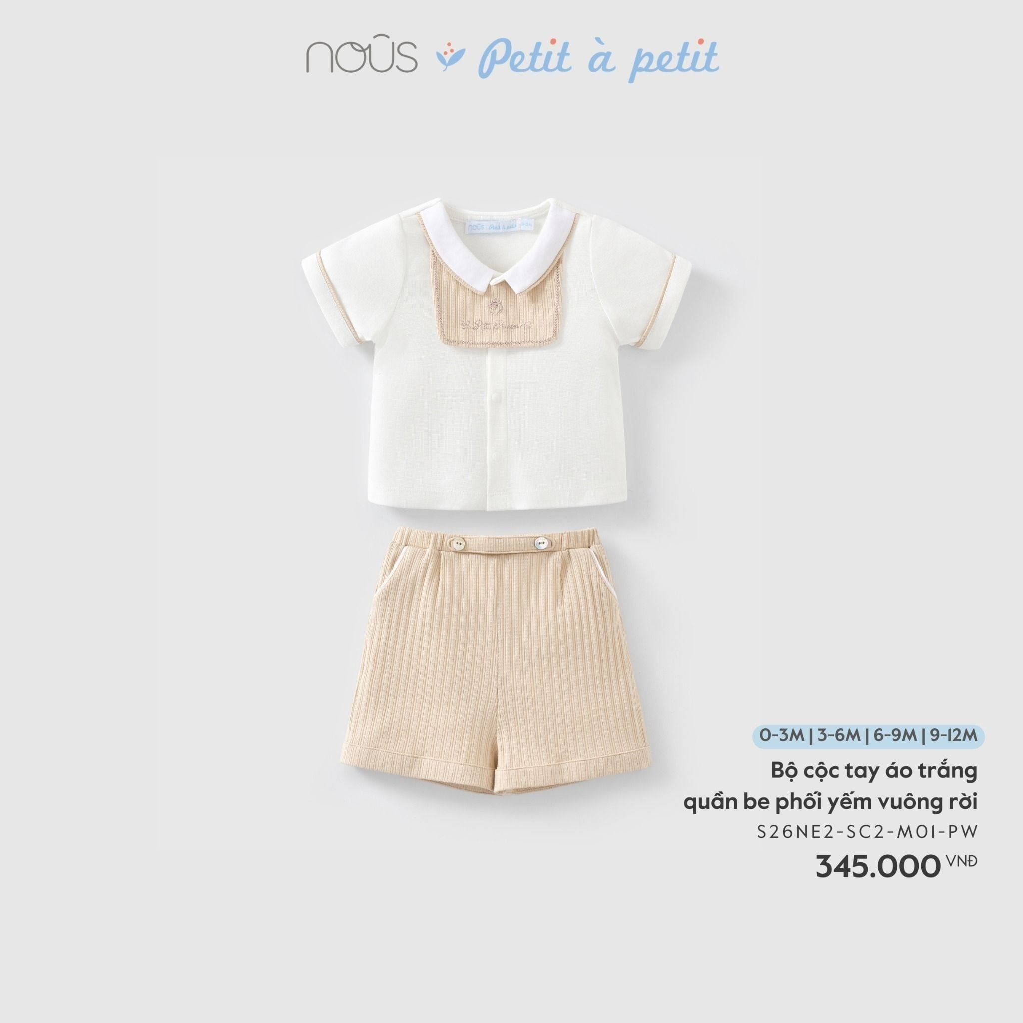  Bộ cộc tay áo trắng quần be phối yếm vuông rời Nous 