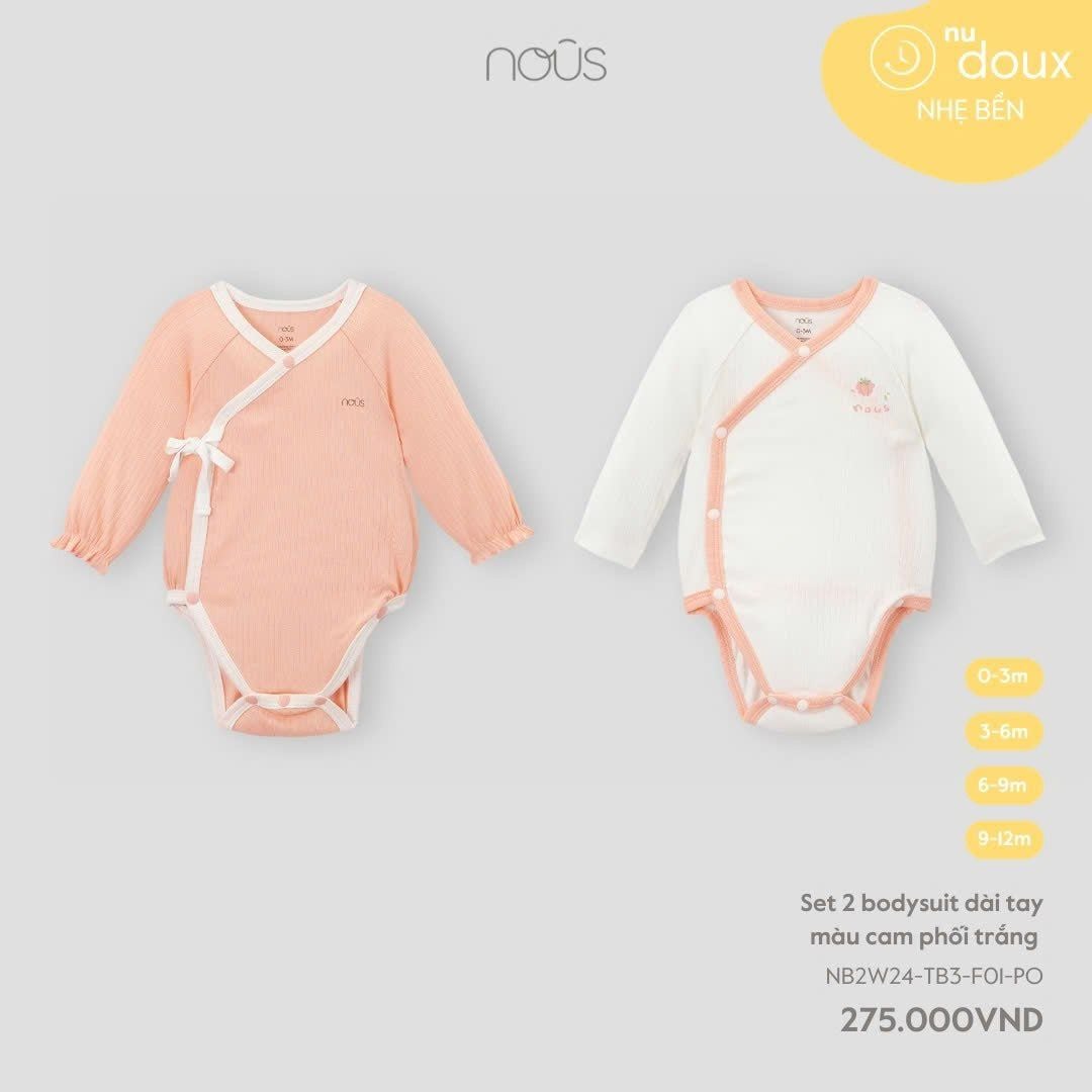  Set 2 bodysuit dài tay Nous màu cam phối trắng 