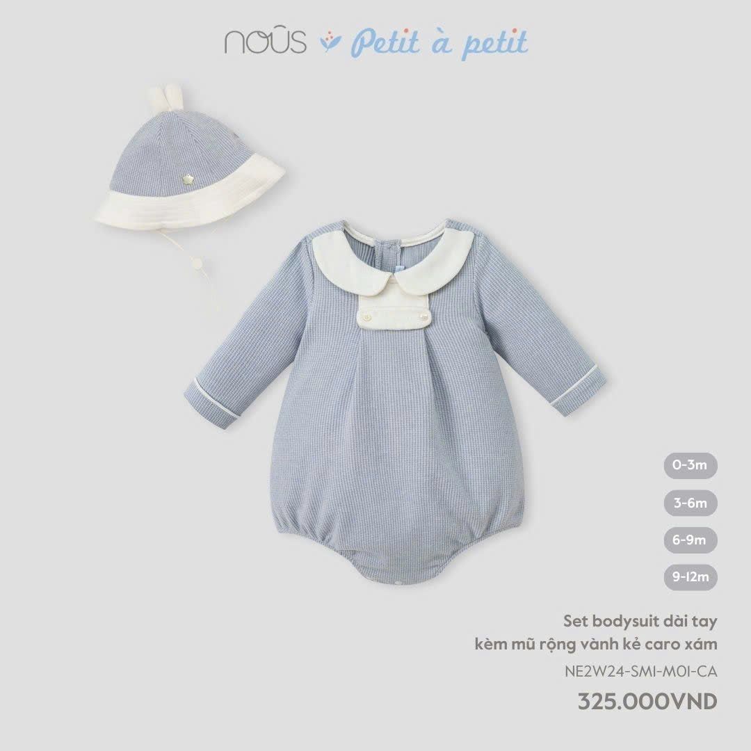  Bodysuit dài tay Nous kèm mũ rộng vành kẻ caro xám 